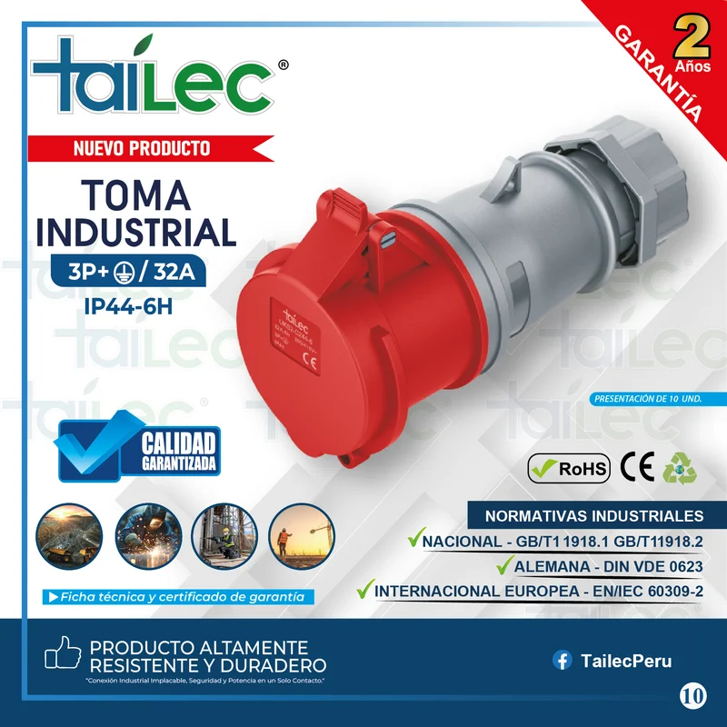 TOMA 3P+T 32A IP44 ROJO GRIS - TAILEC